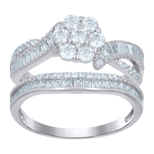 Sterling Silver Womens Baguette Cubic-Zirconia Flower Duo Bridal Anniversary Wedding Engagement Band Ring Set