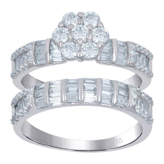 Sterling Silver Women's Baguette Cubic-Zirconia Flower Duo Bridal Anniversary Wedding Engagement Band Ring Set