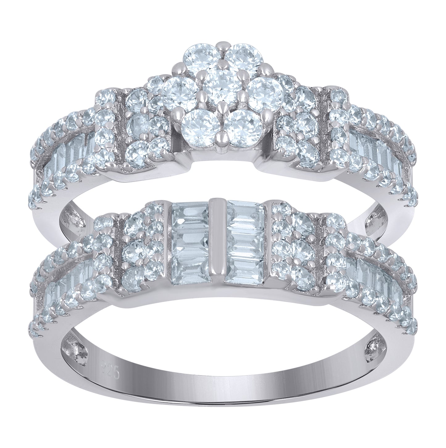 Sterling Silver Women's Baguette Cubic-Zirconia Flower Duo Bridal Anniversary Wedding Engagement Band Ring Set