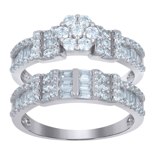 Sterling Silver Women's Baguette Cubic-Zirconia Flower Duo Bridal Anniversary Wedding Engagement Band Ring Set
