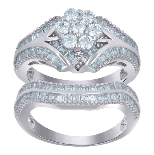 Sterling Silver Women's Baguette Cubic-Zirconia Flower Duo Bridal Anniversary Wedding Engagement Band Ring Set