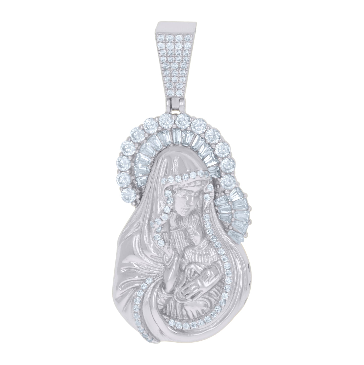 Sterling Silver Mens Round & Baguette Cubic-Zirconia Mother Marry Religious Charm Pendant