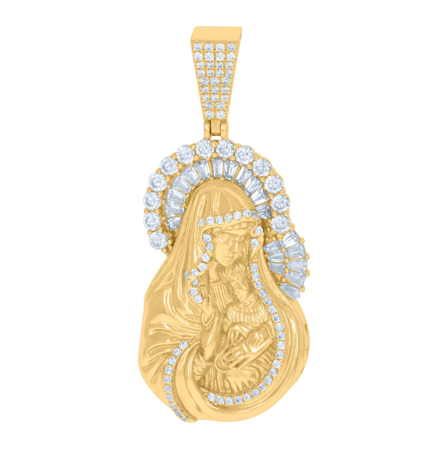 Sterling Silver Mens Round & Baguette Cubic-Zirconia Mother Marry Religious Charm Pendant