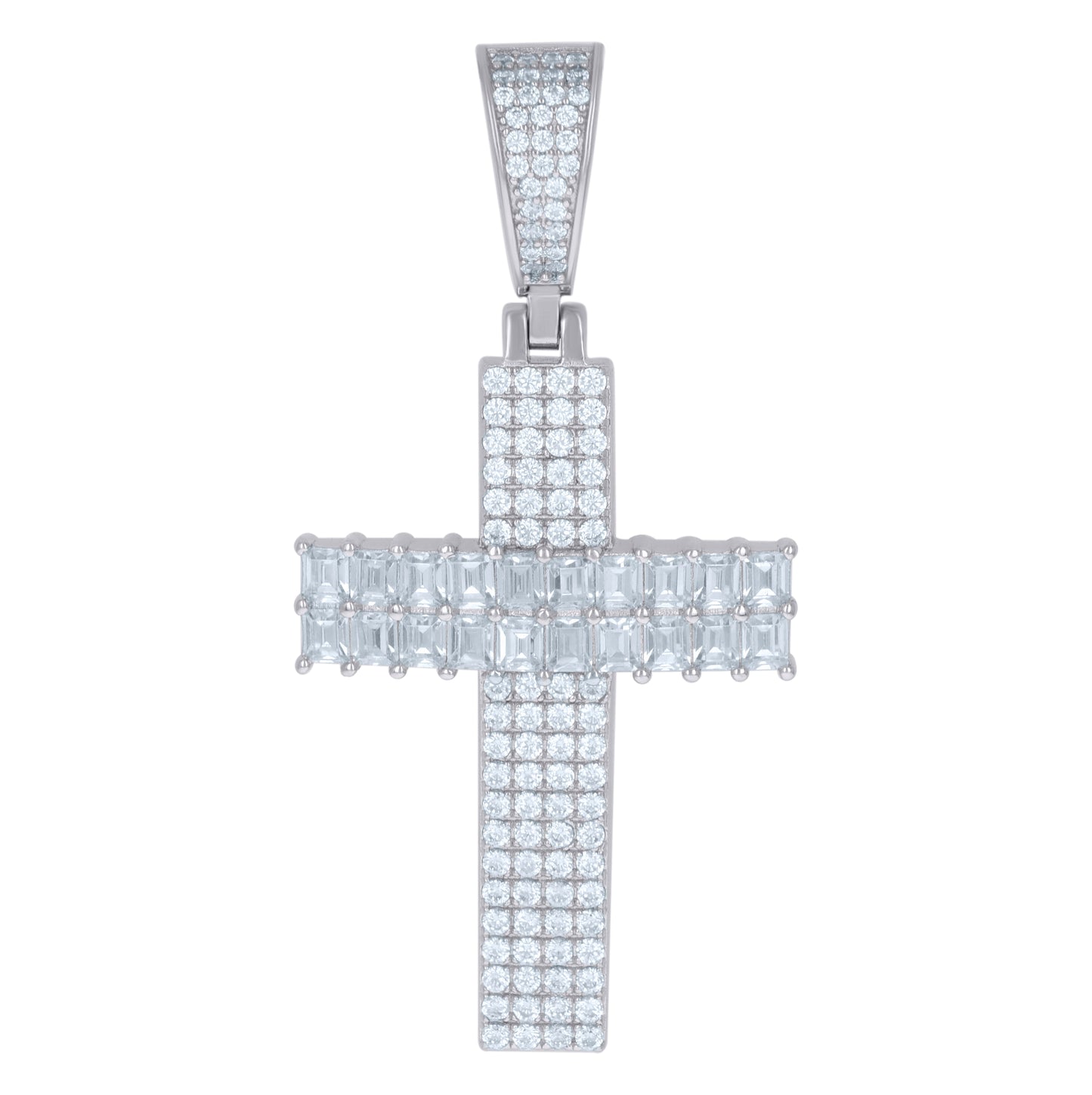 Sterling Silver Mens Round & Baguette Cubic-Zirconia Cross Religious Charm Pendant