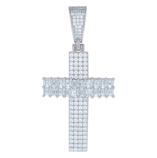 Sterling Silver Mens Round & Baguette Cubic-Zirconia Cross Religious Charm Pendant