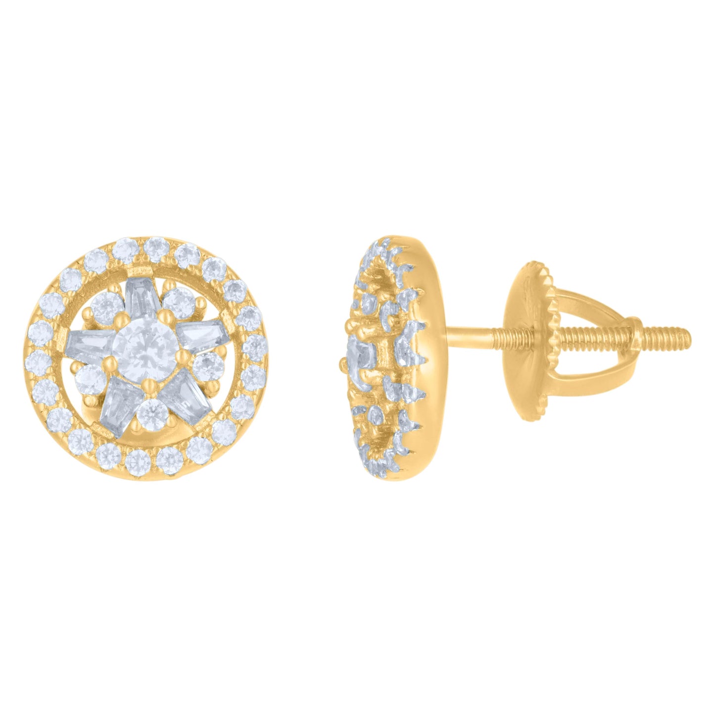 Sterling Silver Or Yellow-Tone Mens Baguette Round Cubic-Zirconia Fashion Stud Earrings