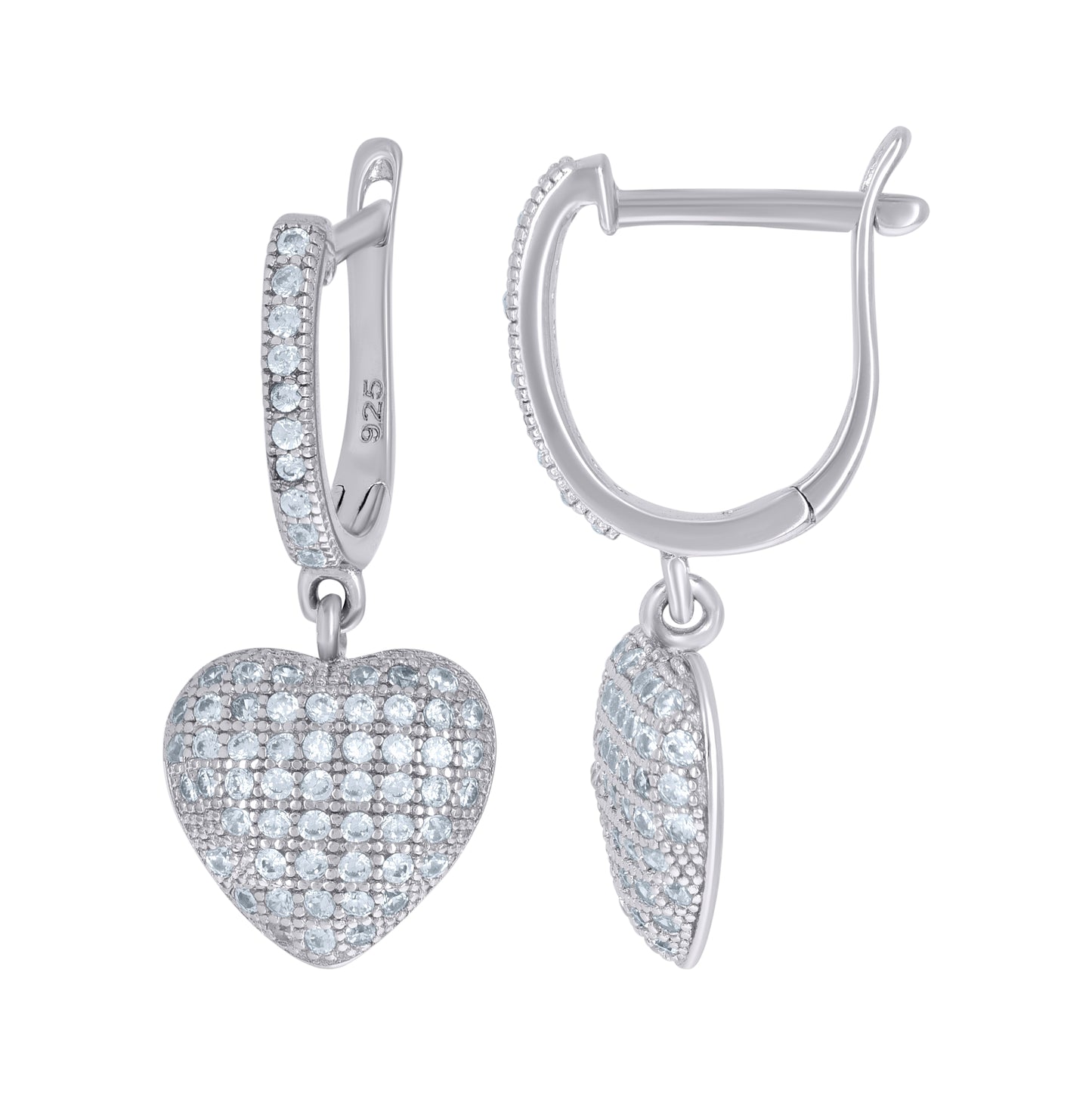 Sterling Silver Womens Cubic-Zirconia Heart Dangle Hoop Earrings