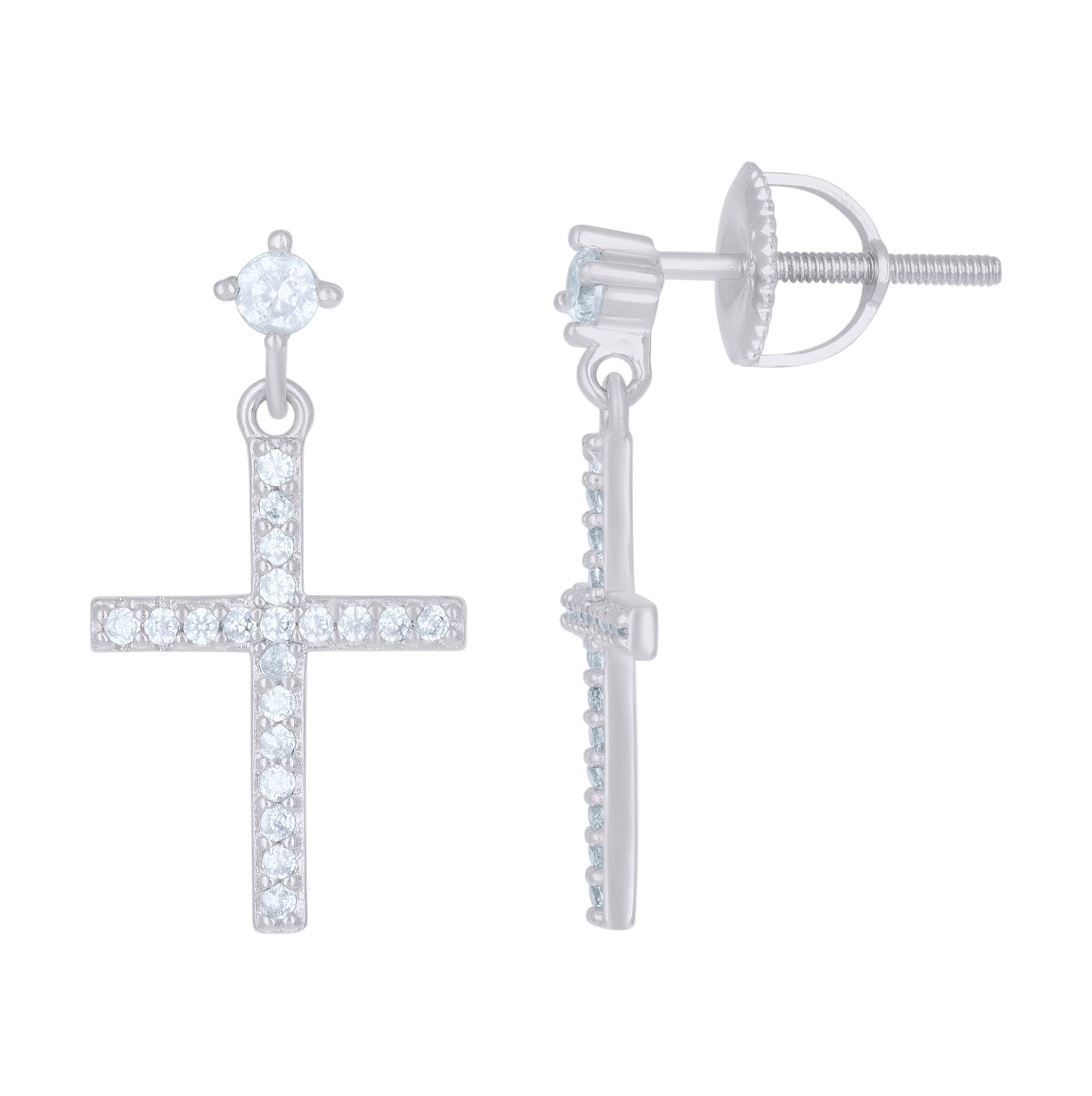 Sterling Silver Unisex Cubic-Zirconia Cross Religious Danglers Earrings