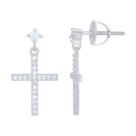 Sterling Silver Unisex Cubic-Zirconia Cross Religious Danglers Earrings