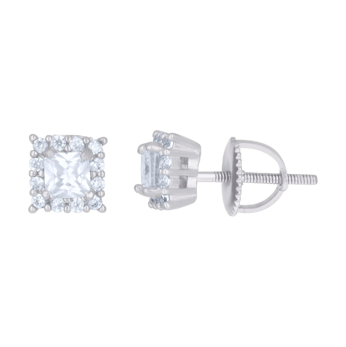 Sterling Silver Or Yellow-Tone Womens Princess-Cut Round Cubic-Zirconia Square Fashion Stud Earrings