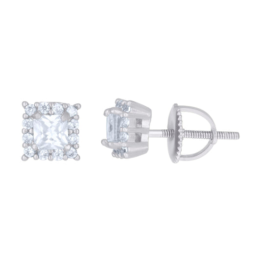 Sterling Silver Or Yellow-Tone Womens Princess-Cut Round Cubic-Zirconia Square Fashion Stud Earrings