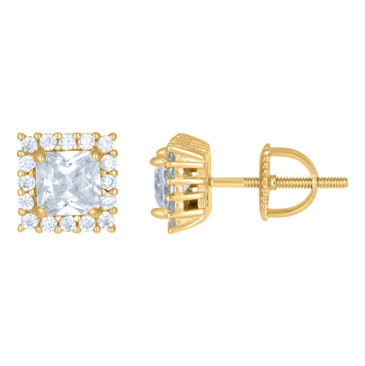 Sterling Silver Or Yellow-Tone Womens Princess-Cut Round Cubic-Zirconia Square Fashion Stud Earrings