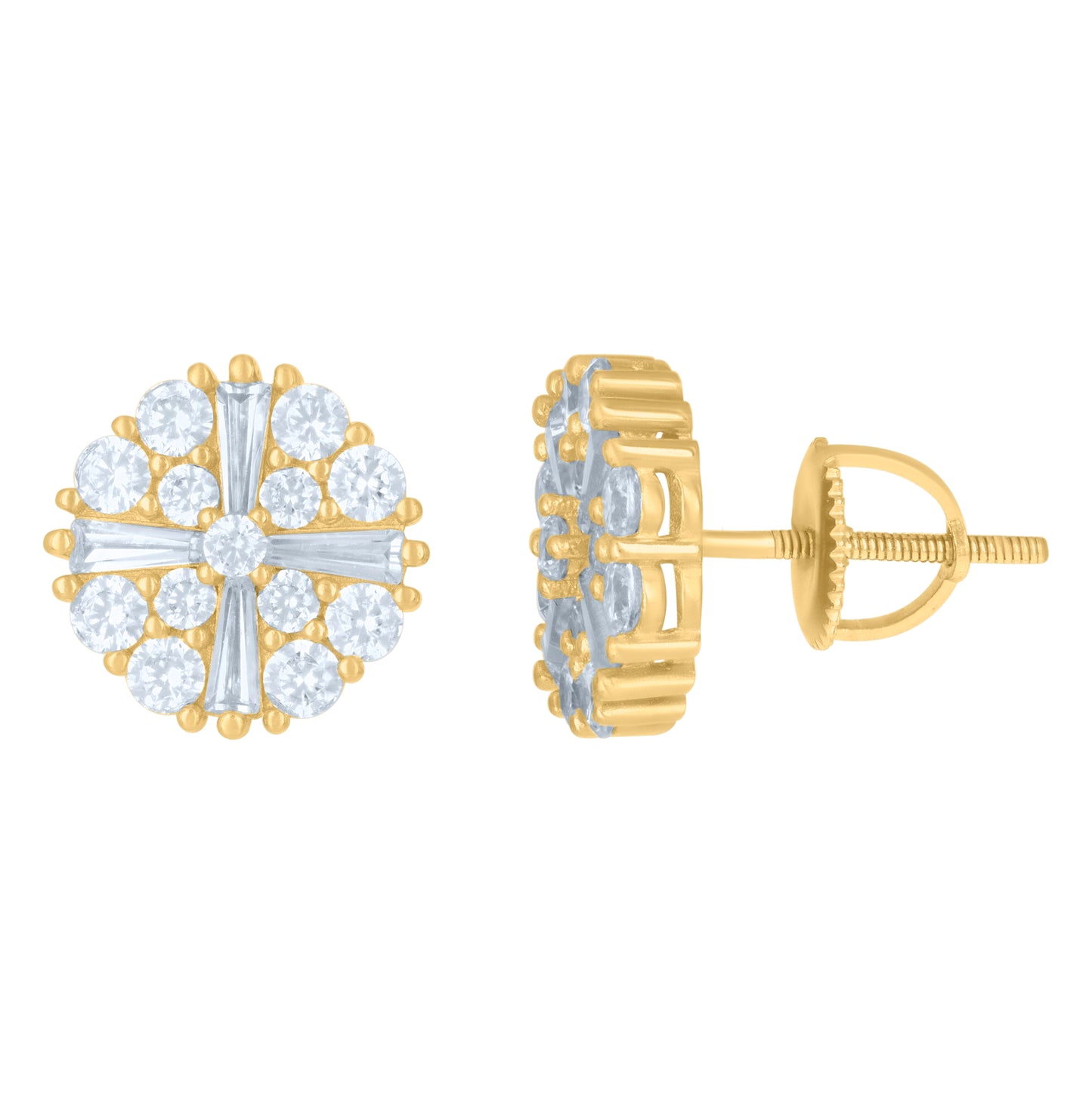 Sterling Silver Or Yellow-Tone Mens Baguette Round Cubic-Zirconia Fashion Stud Earrings