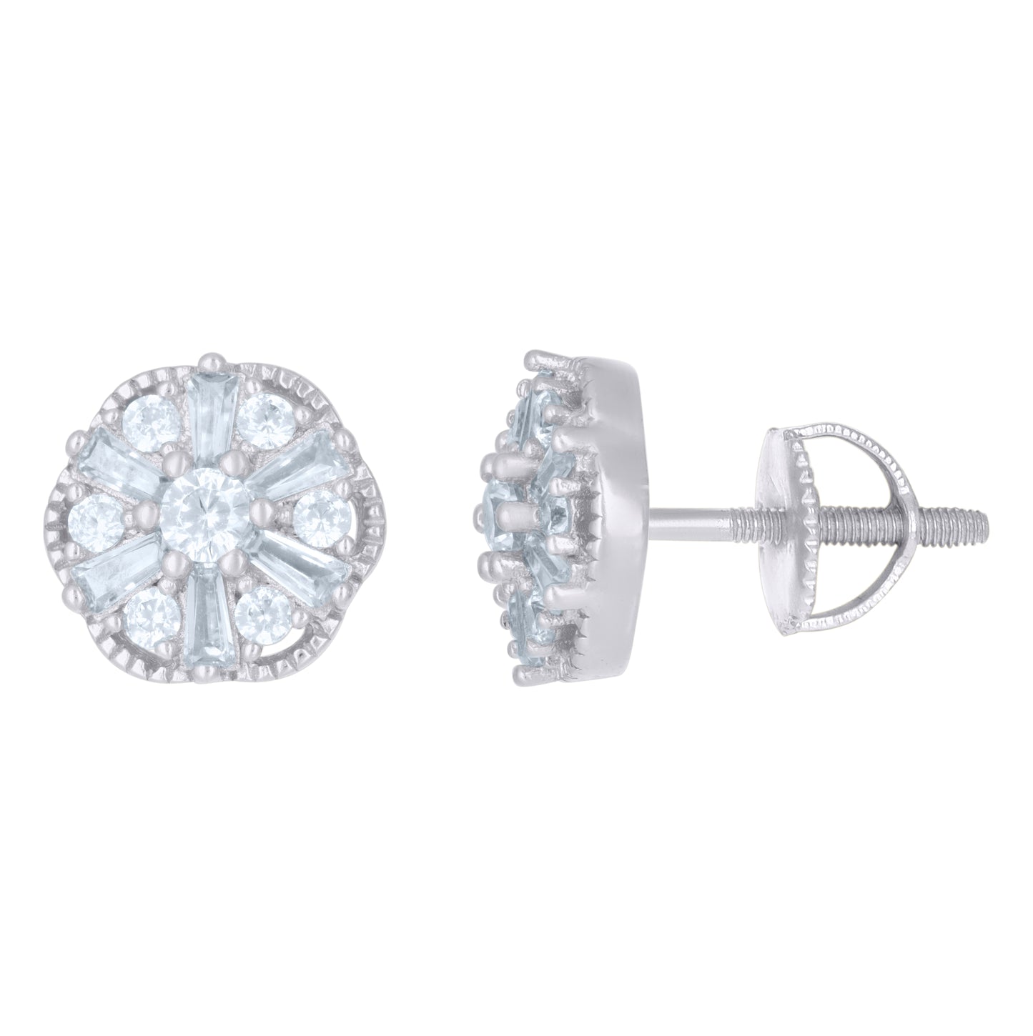 Sterling Silver Or Yellow-Tone Womens Baguette Round Cubic-Zirconia Flower Fashion Stud Earrings