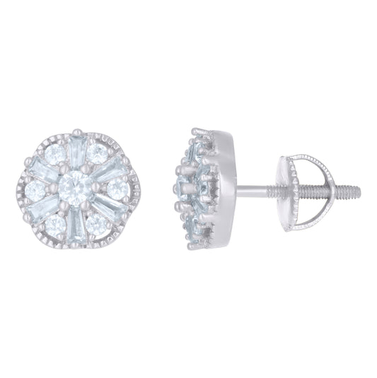 Sterling Silver Or Yellow-Tone Womens Baguette Round Cubic-Zirconia Flower Fashion Stud Earrings