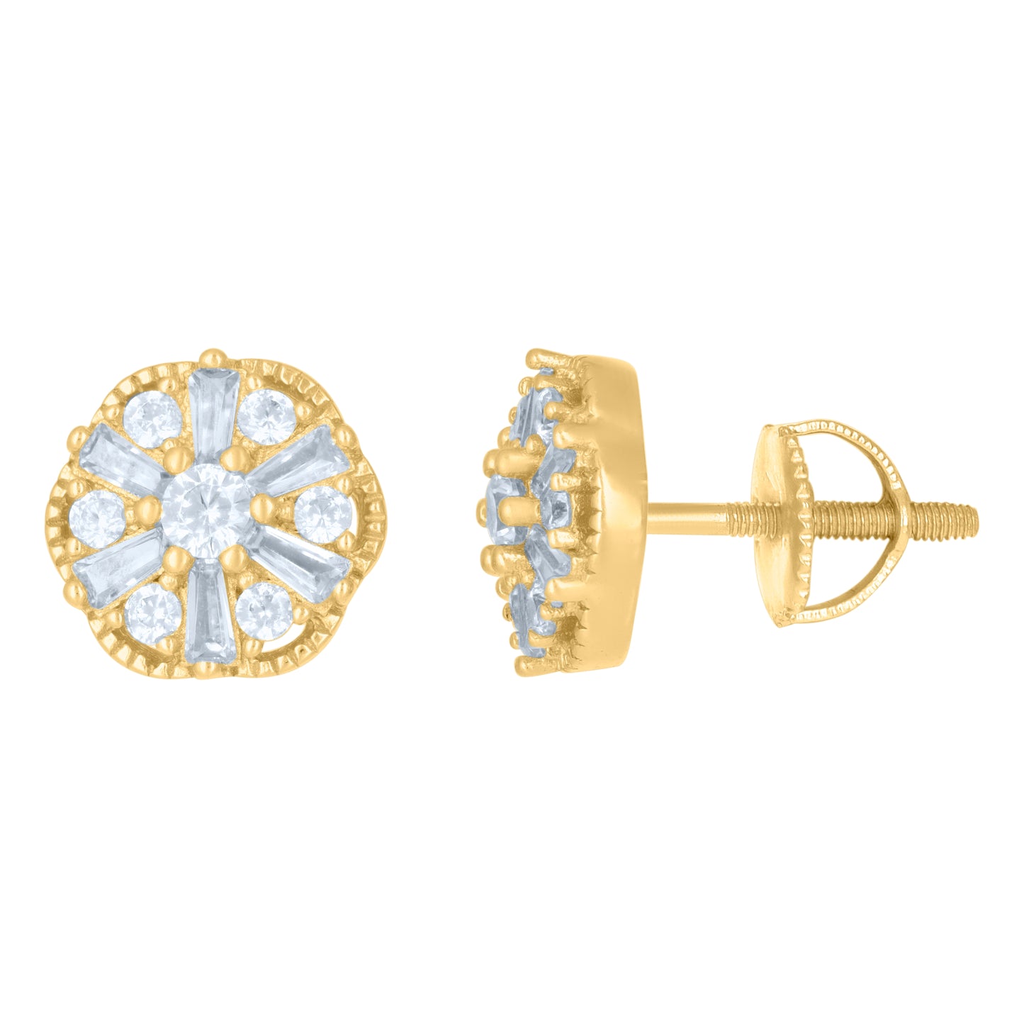 Sterling Silver Or Yellow-Tone Womens Baguette Round Cubic-Zirconia Flower Fashion Stud Earrings