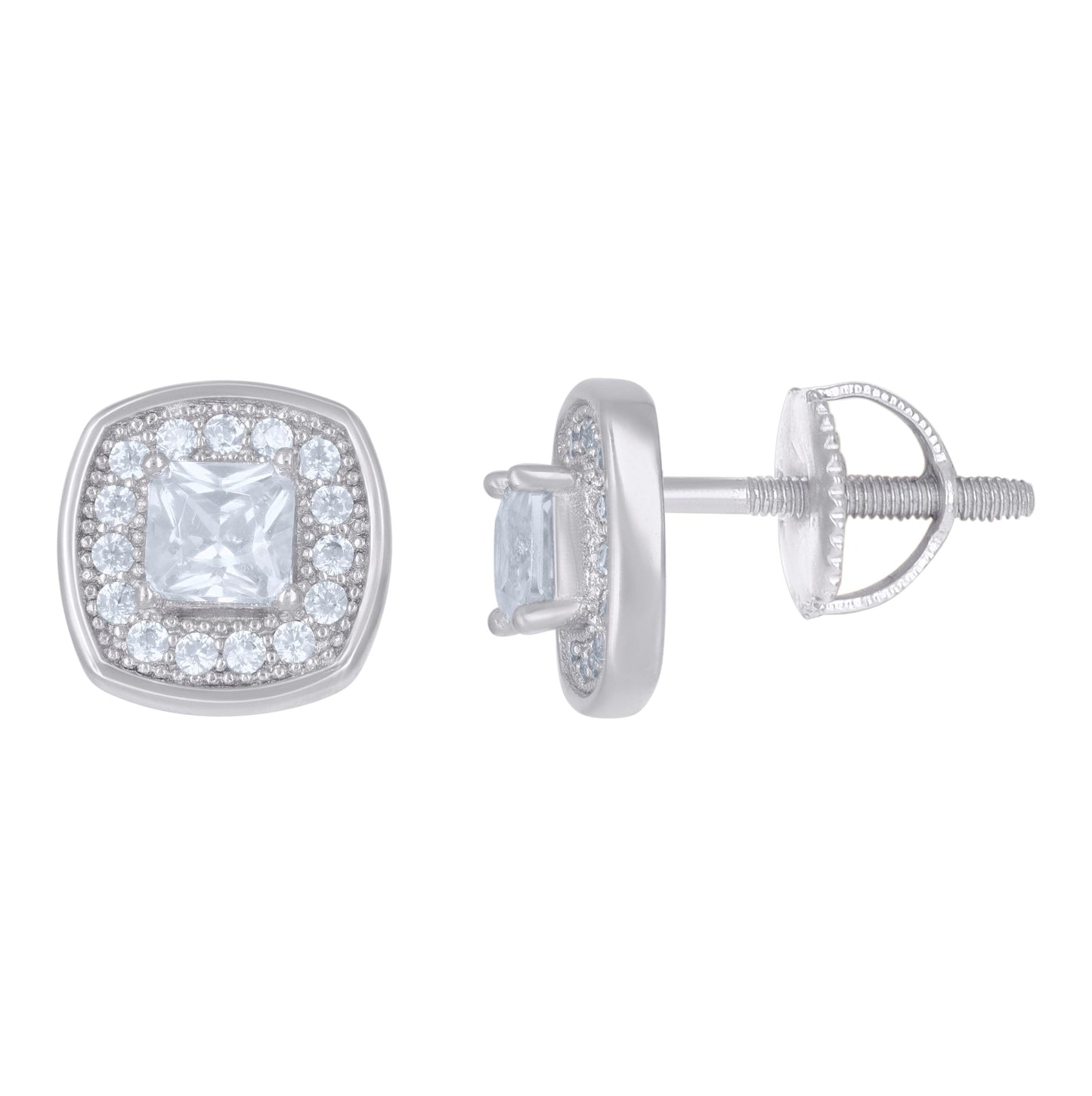 Sterling Silver Or Yellow-Tone Mens Princess-Cut Round Cubic-Zirconia Square Stud Earrings