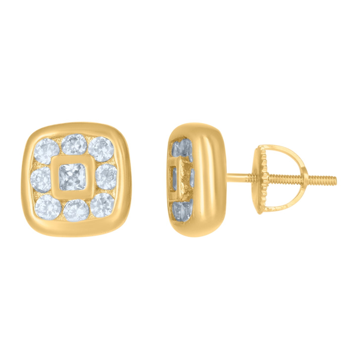 Sterling Silver Or Yellow-Tone Mens Princess-Cut Round Cubic-Zirconia Square Stud Earrings