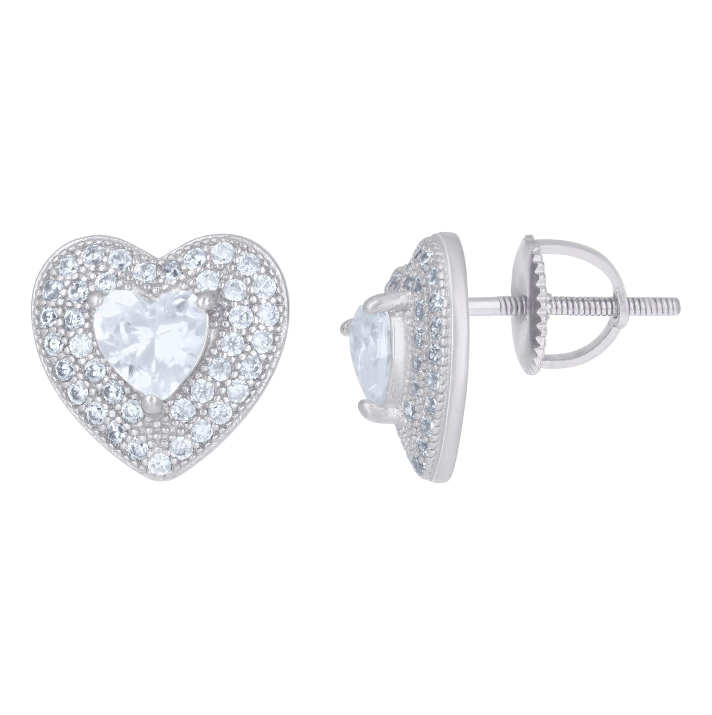 Sterling Silver Or Yellow-Tone Womens Heart Round Cubic-Zirconia Heart Stud Earrings