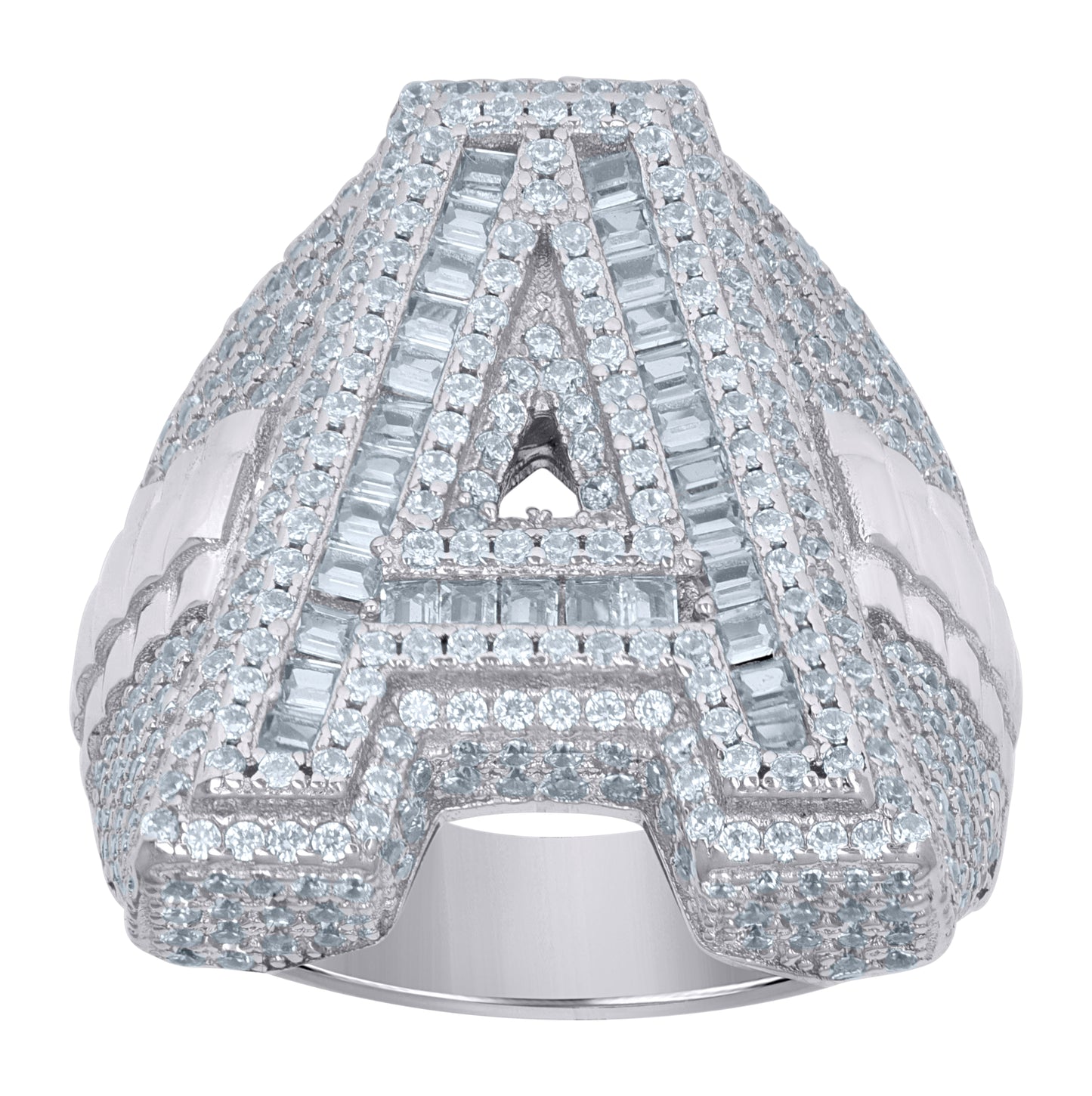 Sterling Silver Mens Baguette Cubic-Zirconia Alphabet Initials Ring