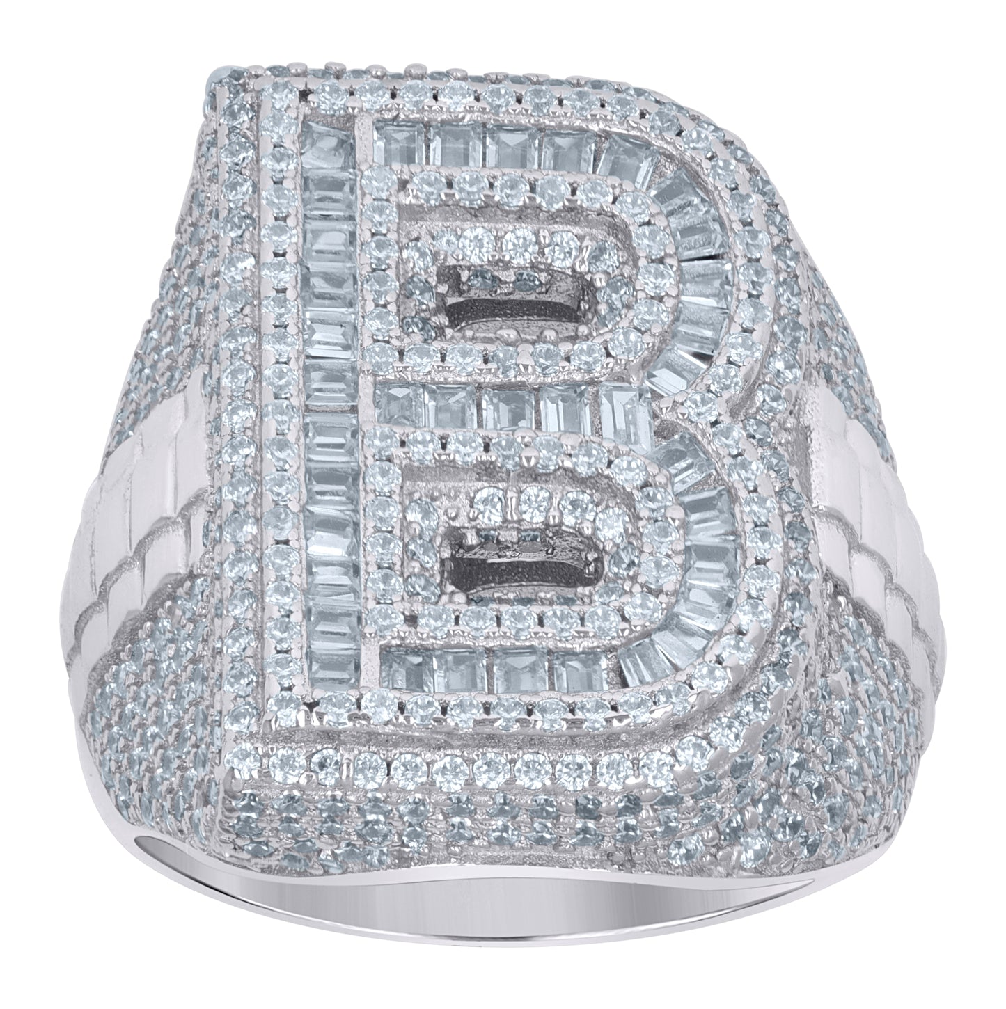 Sterling Silver Mens Baguette Cubic-Zirconia Alphabet Initials Ring