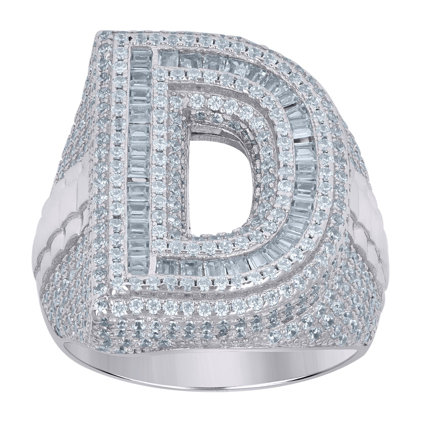 Sterling Silver Mens Baguette Cubic-Zirconia Alphabet Initials Ring