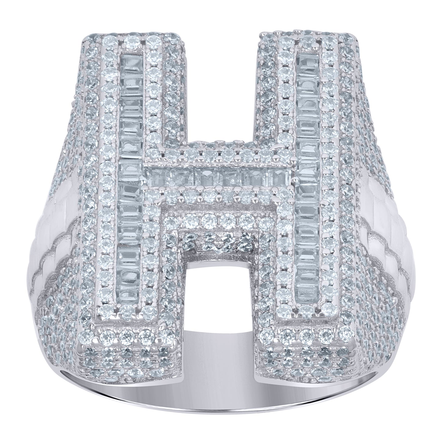 Sterling Silver Mens Baguette Cubic-Zirconia Alphabet Initials Ring