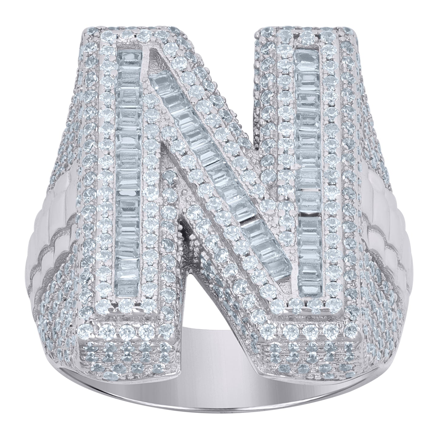 Sterling Silver Mens Baguette Cubic-Zirconia Alphabet Initials Ring