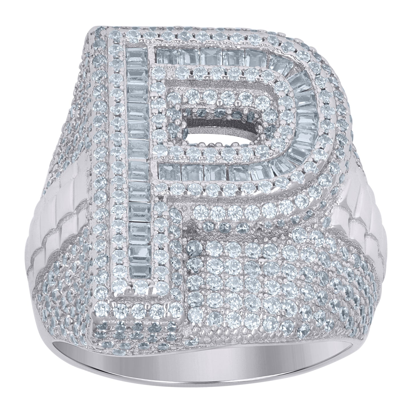 Sterling Silver Mens Baguette Cubic-Zirconia Alphabet Initials Ring