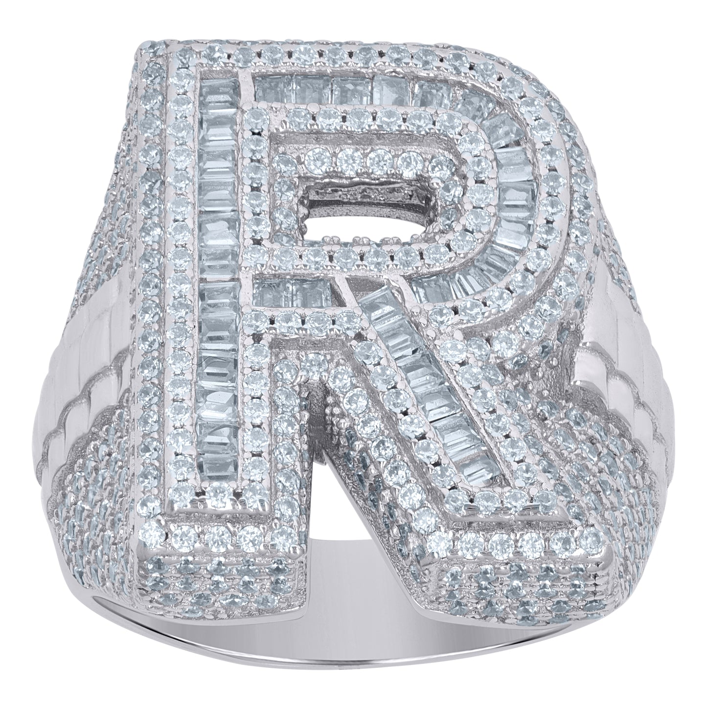 Sterling Silver Mens Baguette Cubic-Zirconia Alphabet Initials Ring