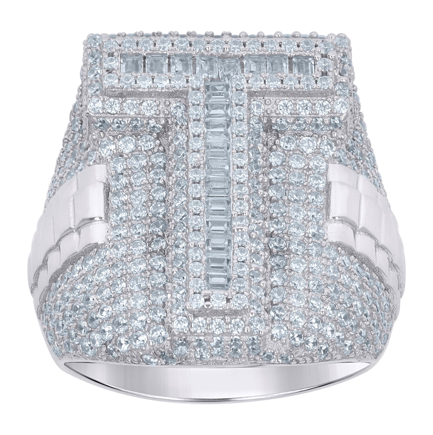 Sterling Silver Mens Baguette Cubic-Zirconia Alphabet Initials Ring