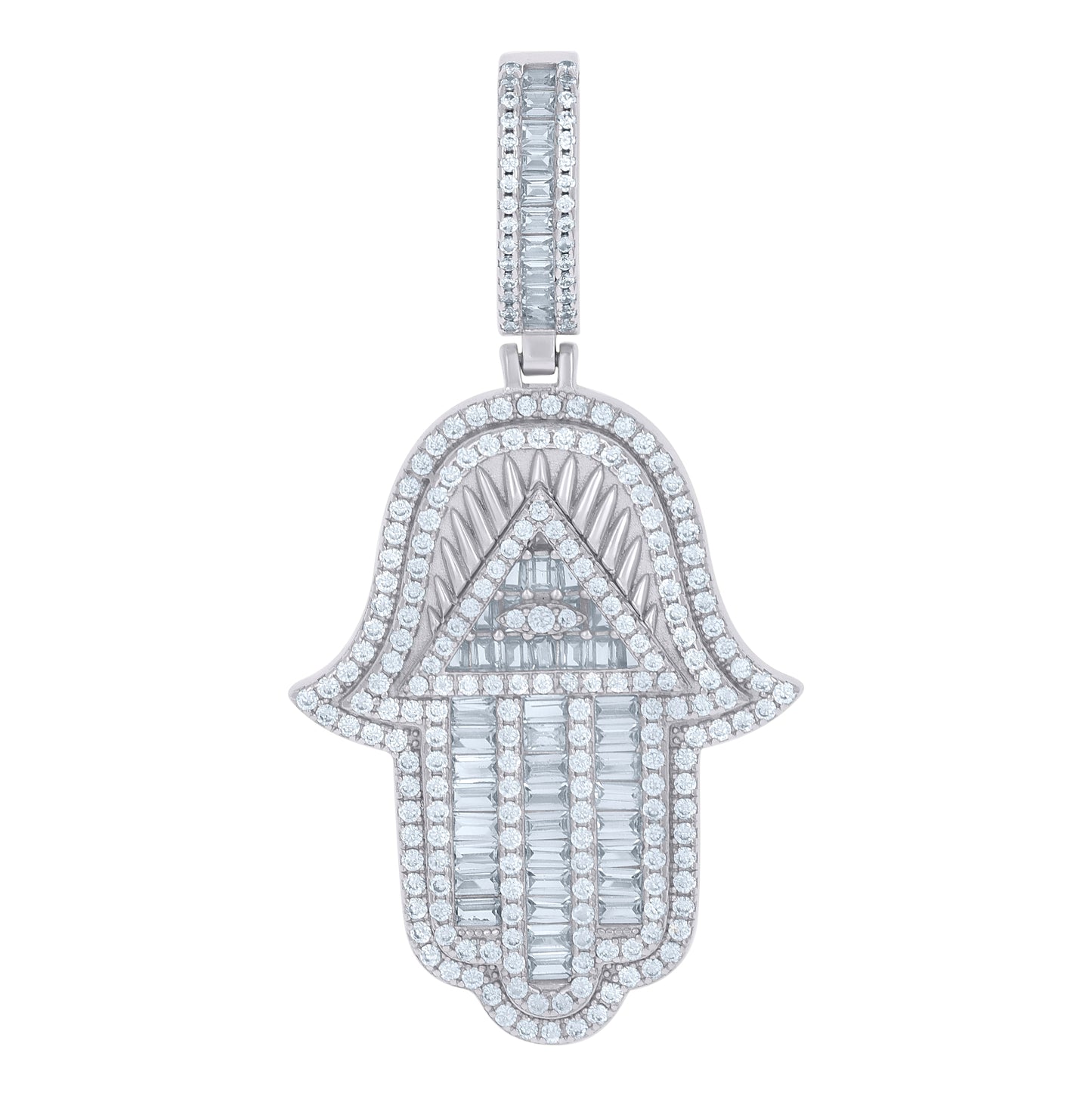 Sterling Silver Mens Baguette Cubic-Zirconia Humsa Symbol Religious Charm Pendant
