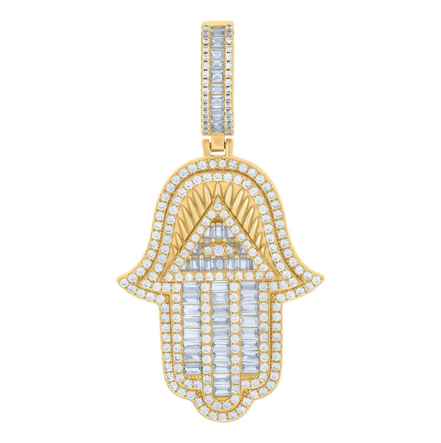 Sterling Silver Mens Baguette Cubic-Zirconia Humsa Symbol Religious Charm Pendant