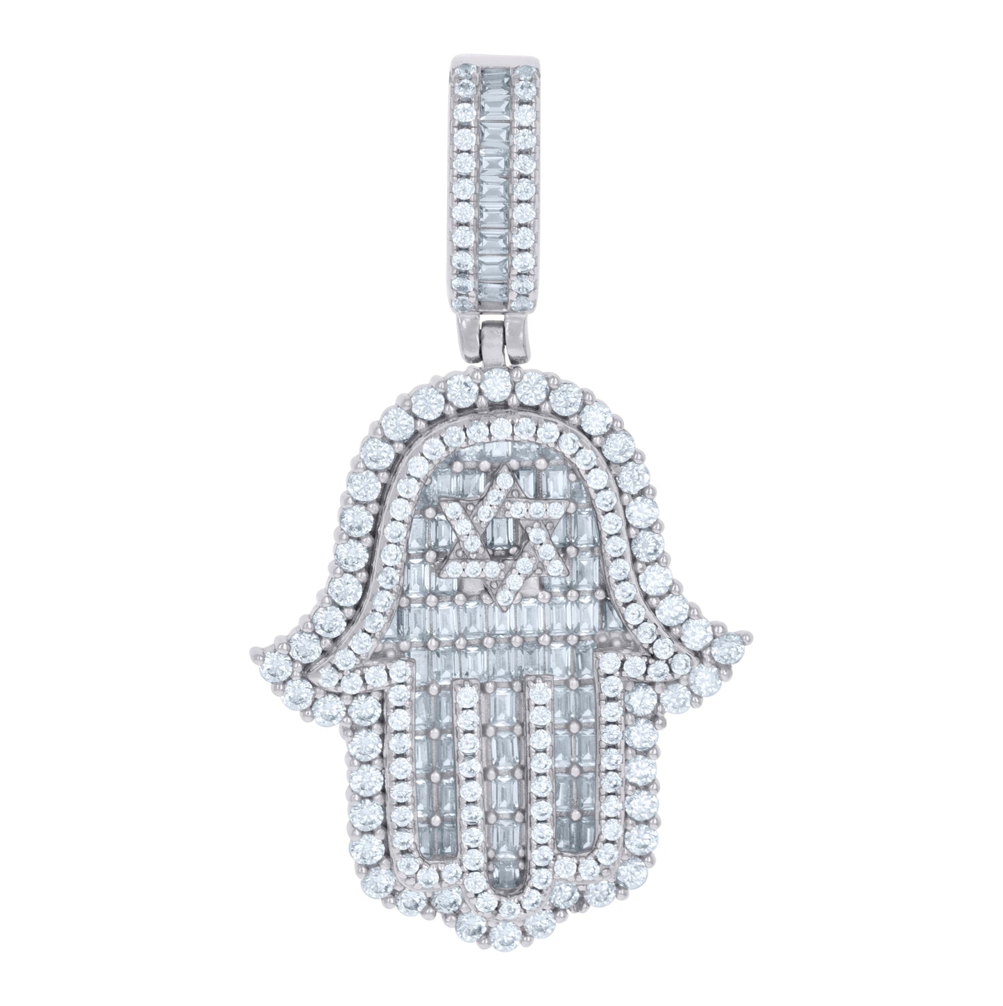 Sterling Silver Mens Baguette Cubic-Zirconia Humsa Symbol Religious Charm Pendant