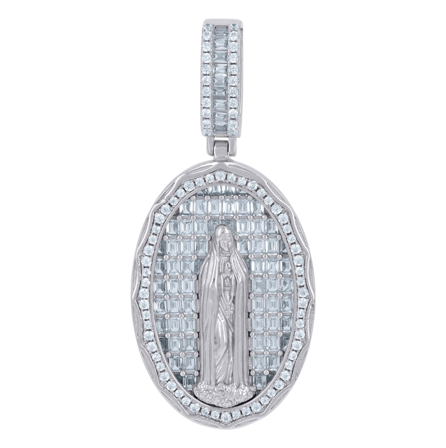 Sterling Silver Men Baguette Cubic-Zirconia Oval Guadalupe/Mother Marry Religious Charm Pendant