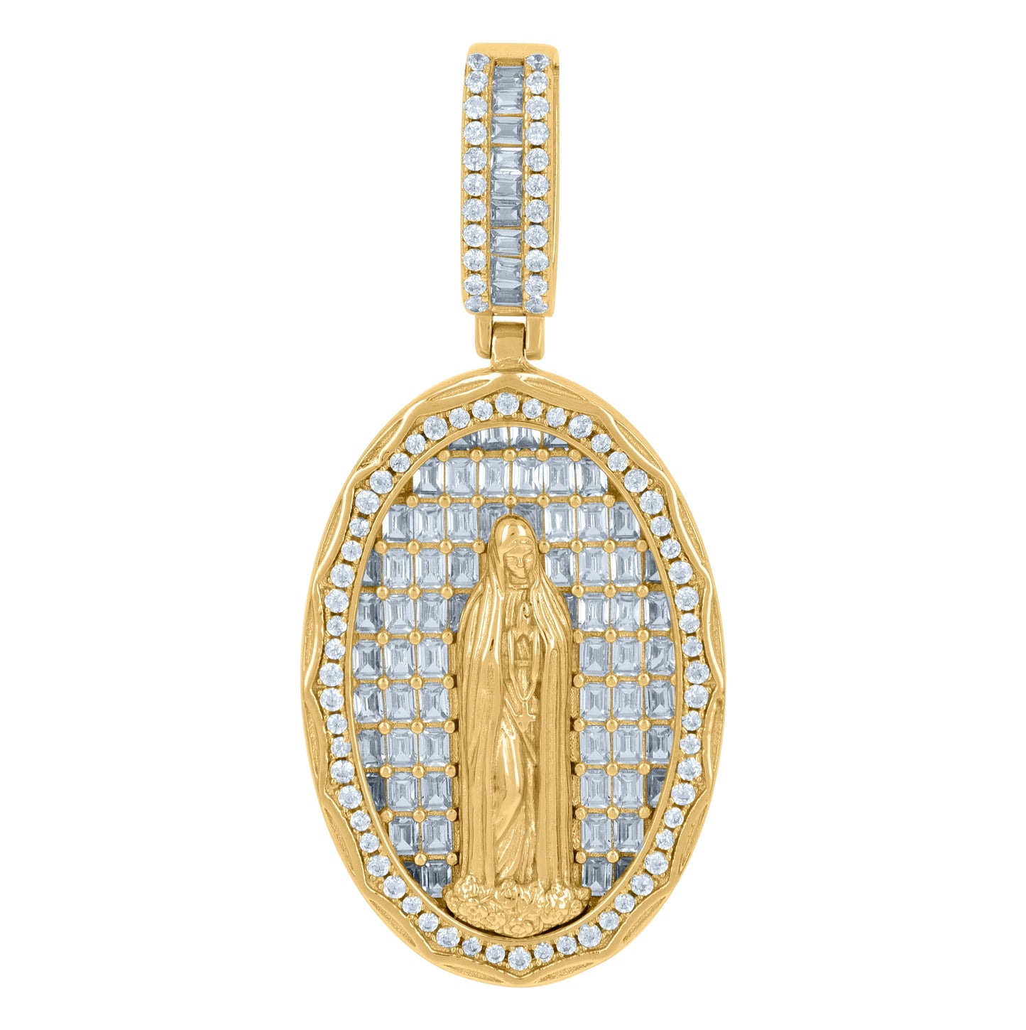 Sterling Silver Men Baguette Cubic-Zirconia Oval Guadalupe/Mother Marry Religious Charm Pendant
