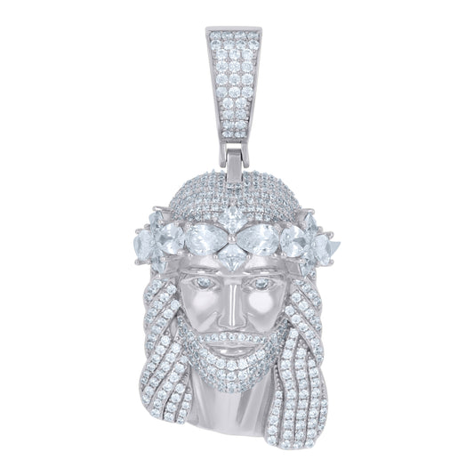 Sterling Silver Men Pear Cubic-Zirconia Jesus Religious Charm Pendant