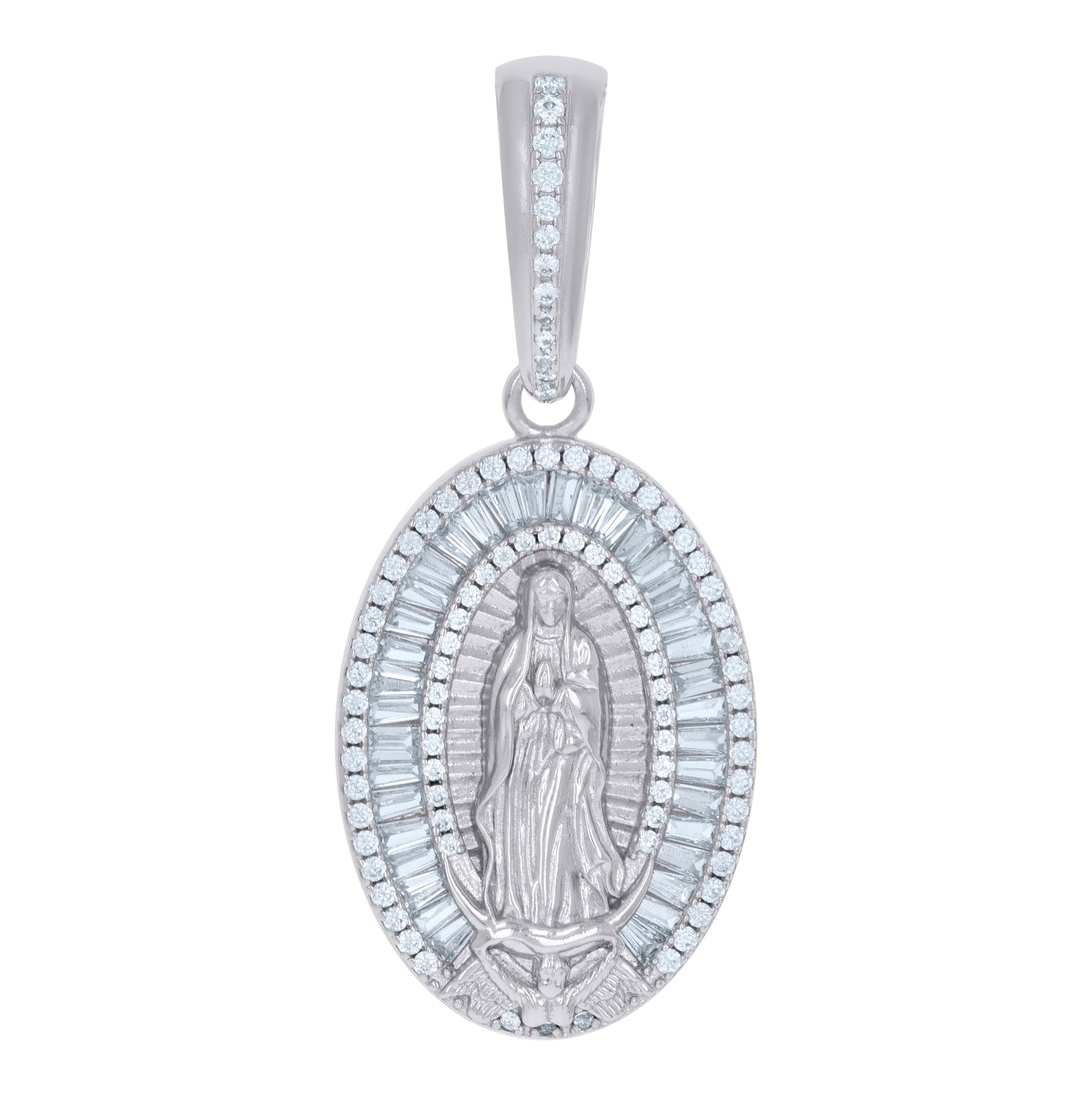 Sterling Silver Men Baguette Cubic-Zirconia Guadalupe/Mother Marry Religious Charm Pendant