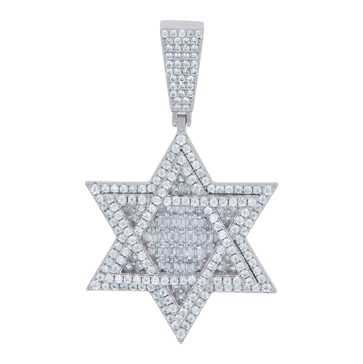 Sterling Silver Men Baguette Cubic-Zirconia Star Of David Symbol Religious Charm Pendant