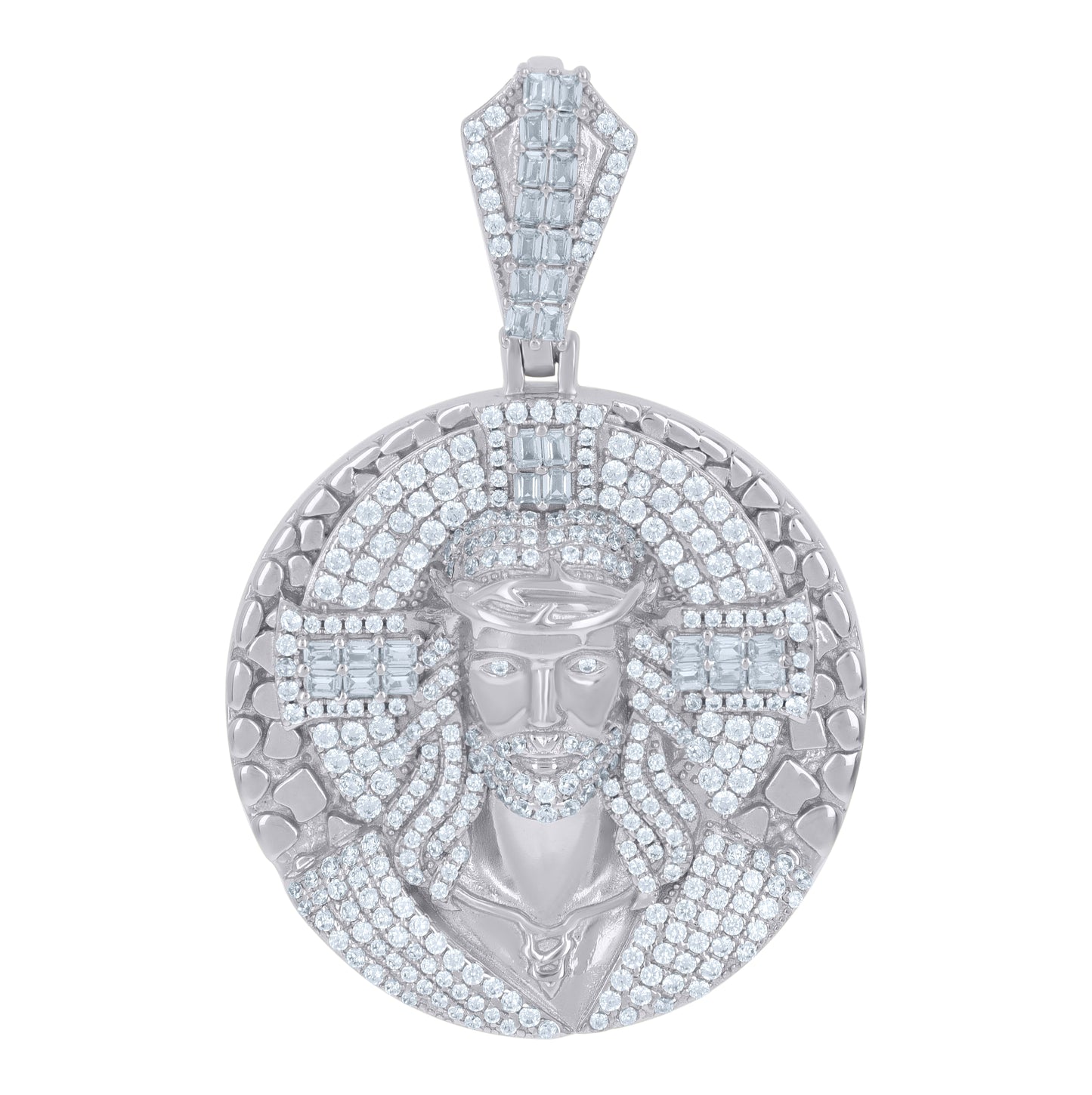 Sterling Silver Men Baguette Cubic-Zirconia Medallion Jesus Religious Charm Pendant