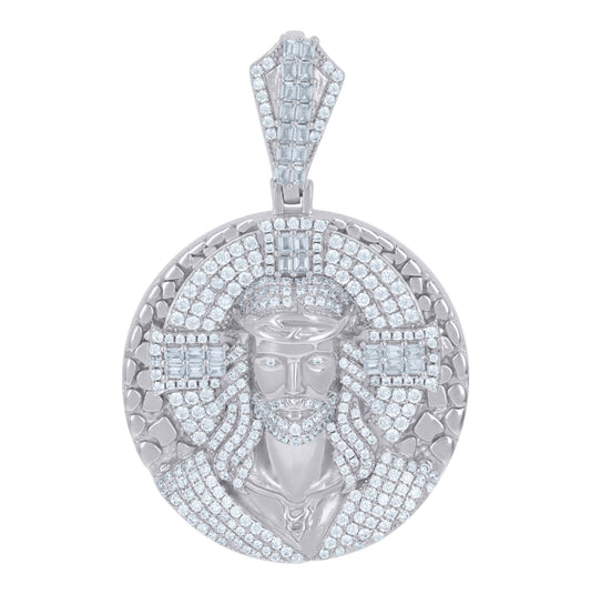 Sterling Silver Men Baguette Cubic-Zirconia Medallion Jesus Religious Charm Pendant