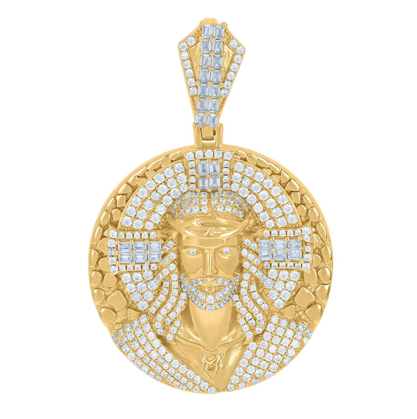 Sterling Silver Men Baguette Cubic-Zirconia Medallion Jesus Religious Charm Pendant