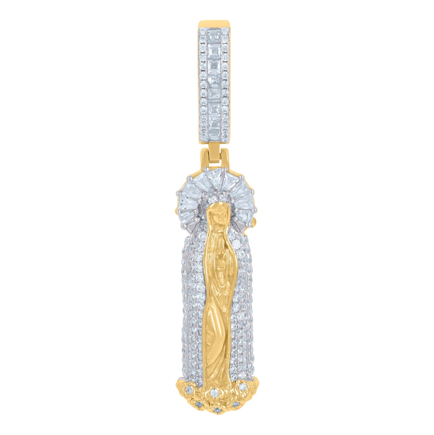 Sterling Silver Yellow-Tone Men Baguette Cubic-Zirconia Guadalupe/Mother Marry Religious Charm Pendant
