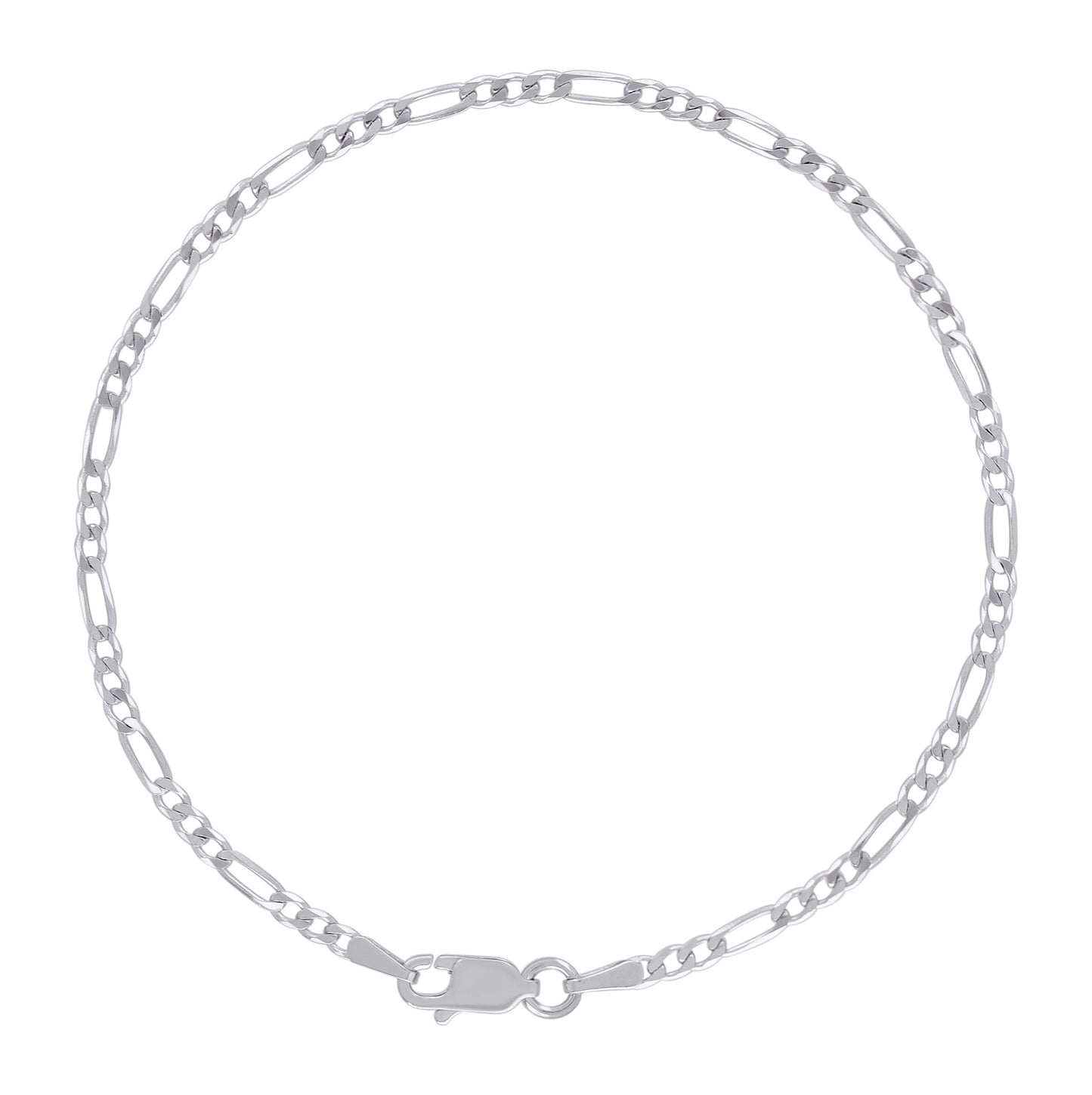 Sterling Silver Rhodium Plated Womens Plain Figaro Chain Anklet 2 mm Size 10 Inches