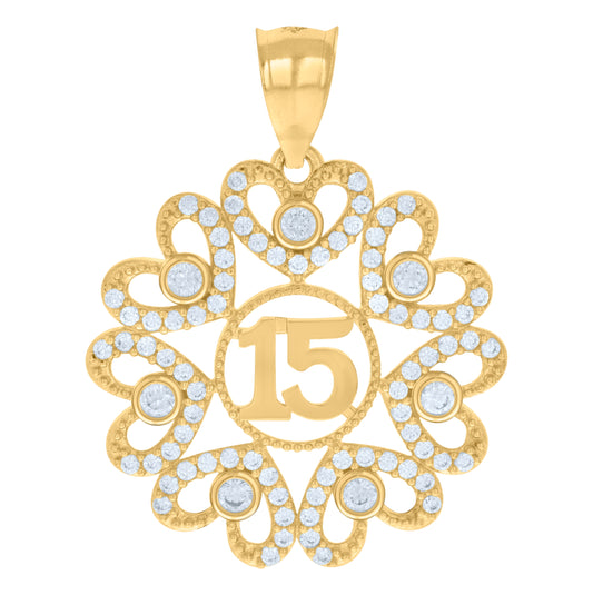 10K Yellow Gold Womens Cubic-Zirconia 15 Quinceanera Charm Pendant