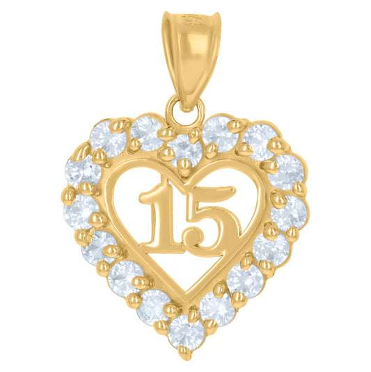 10K Yellow Gold Womens Cubic-Zirconia Quinceanera Heart 15 Charm Pendant