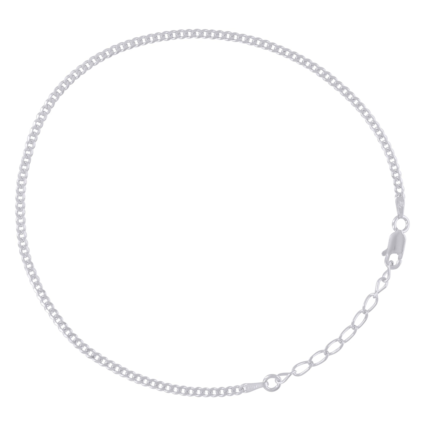 Sterling Silver Rhodium Plated Womens Cuban Chain Anklet 2.3 mm Size 10 Inches