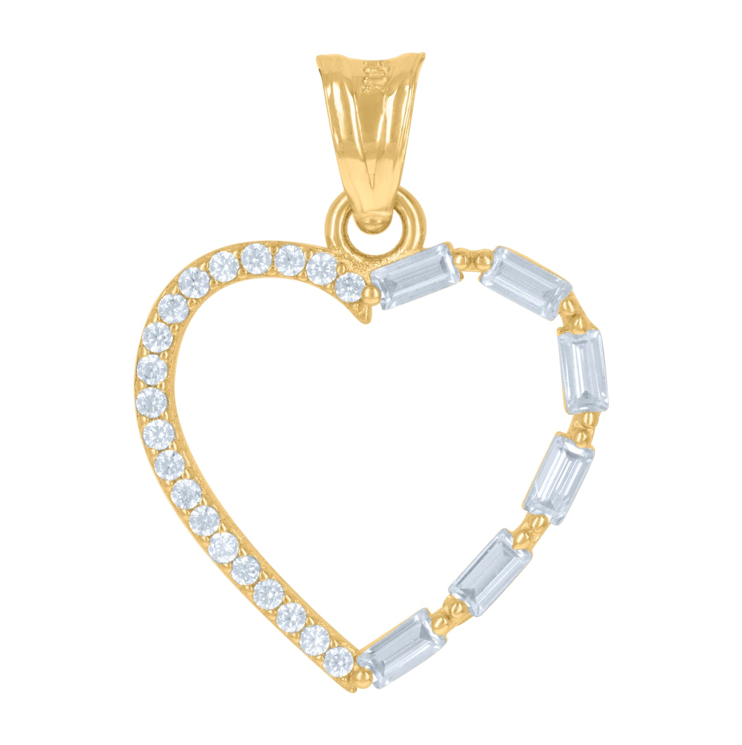 10K Yellow Gold Womens Round Baguette Cubic-Zirconia Heart Charm Pendant