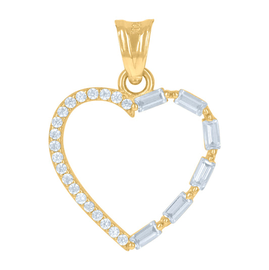 10K Yellow Gold Womens Round Baguette Cubic-Zirconia Heart Charm Pendant
