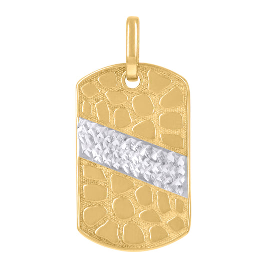 10K Two-Tone Gold Mens Nugget Textured Dog Tag Fashion Charm Pendant